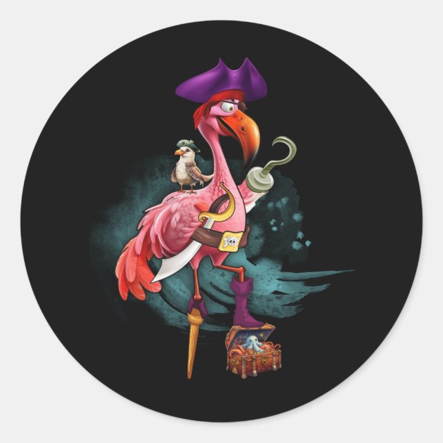 Adesivo Redondo Pirate Pink Flamingo Witeen Festas de Halloween Ra (Frente)