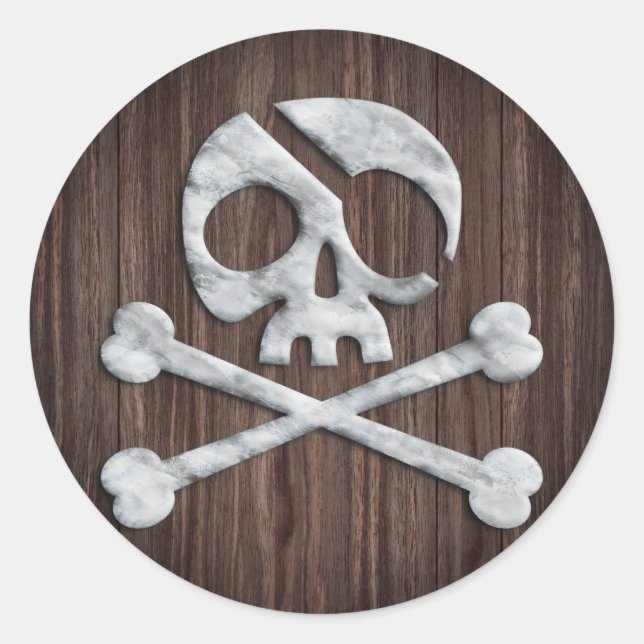 Adesivo Redondo Pirate Skull & Crossbones Rustic Wooden (Frente)