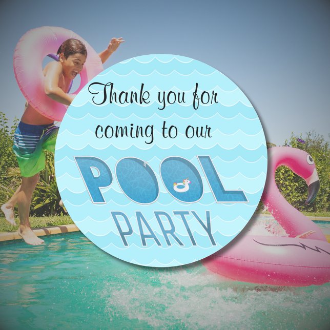 Adesivo Redondo Piscina Party Obrigado com Unicorn Float (cheerful unicorn float pool party thank you)