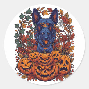 Adesivo Redondo Pitbull Azul Abóboras de Halloween Folhas de Outon