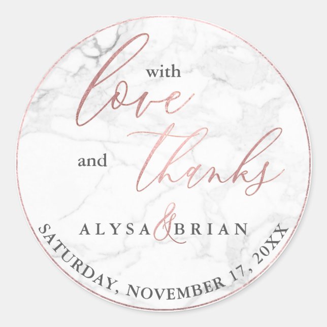 Adesivo Redondo PixDezine Marble/Faux Rosa Dourada Love+Obrigados (Frente)