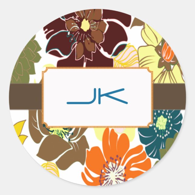 Adesivo Redondo PixDezines Alegre Retro Floral, Monograma (Frente)