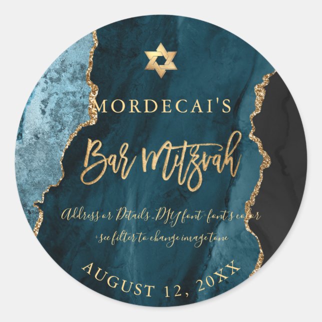 Adesivo Redondo PixDezines Aquarela Bar Azul De Agato Teal Mitzvah (Frente)