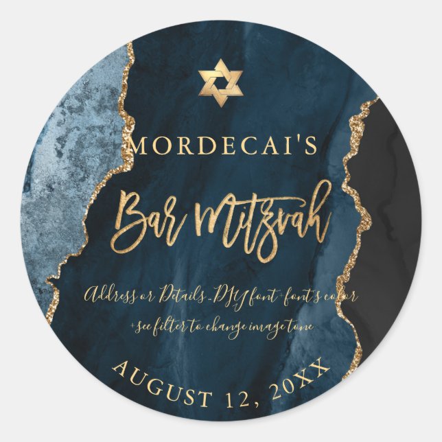 Adesivo Redondo PixDezines Aquarela Bar Azul De Agato Teal Mitzvah (Frente)
