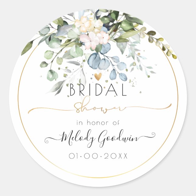 Adesivo Redondo PixDezines Aquarela Eucalipto Goma Azul Rústico (Frente)