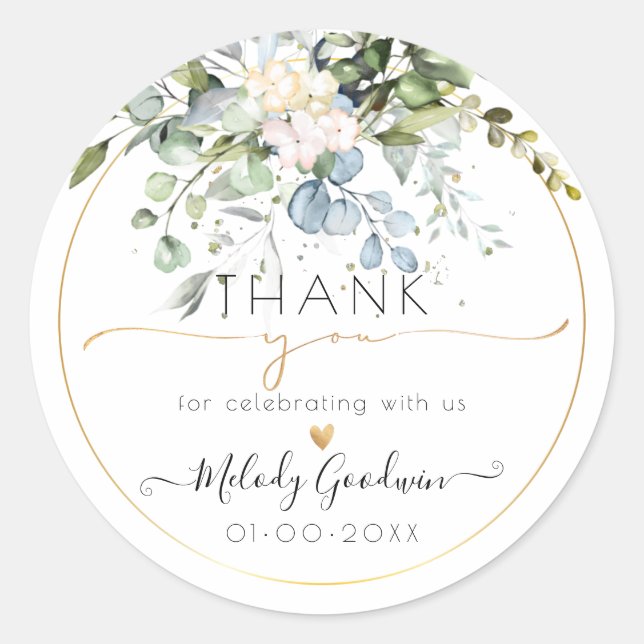 Adesivo Redondo PixDezines Aquarela Rústica Eucalipto Blue Gum Azu (Frente)