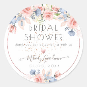 Adesivo Redondo PixDezines Blush Blue Rosas Flores de Aquarela