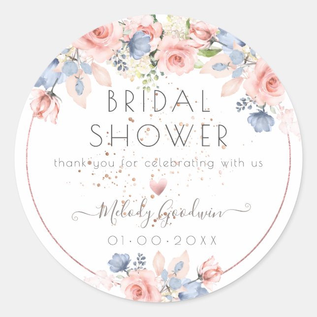Adesivo Redondo PixDezines Blush Blue Rosas Flores de Aquarela (Frente)