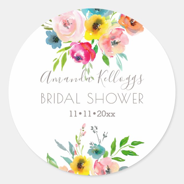 Adesivo Redondo PixDezines Chuveiro de Noiva Aquarela Peônias de V (Frente)