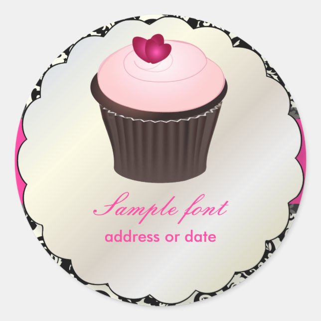 Adesivo Redondo PixDezines cor suja, cupcake+polivia damask (Frente)