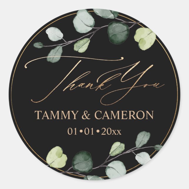Adesivo Redondo PixDezines Elegante Eucalipto Preto Verde Dourado  (Frente)