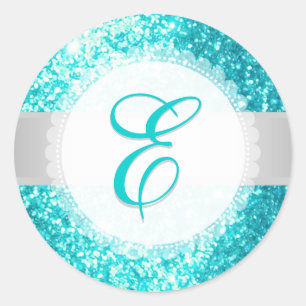 Adesivo Redondo PixDezines FAUX GLITTER MONOGRAM AQUA AZUL