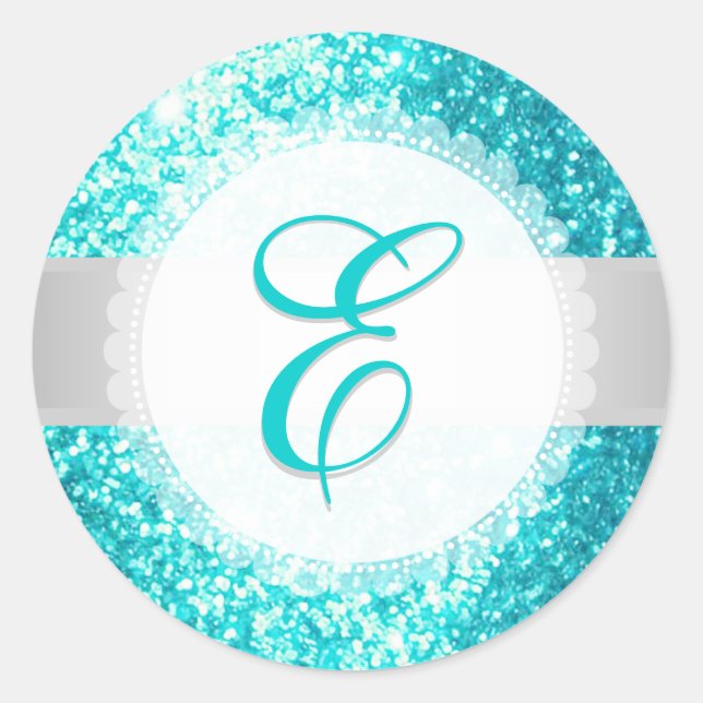 Adesivo Redondo PixDezines FAUX GLITTER MONOGRAM | AQUA AZUL (Frente)