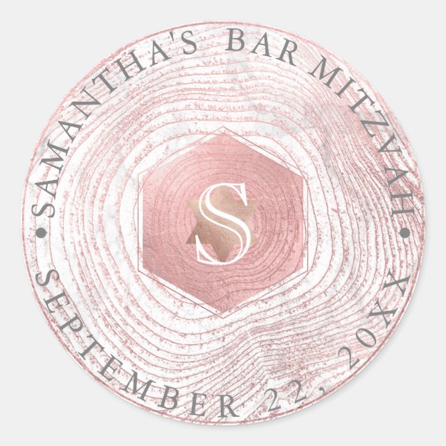 Adesivo Redondo PixDezines Faux Rosa Tree Rings Mitzvah (Frente)