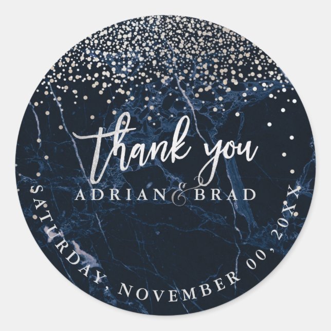 Adesivo Redondo PixDezines Faux Silver Confetti/Blue Marble (Frente)