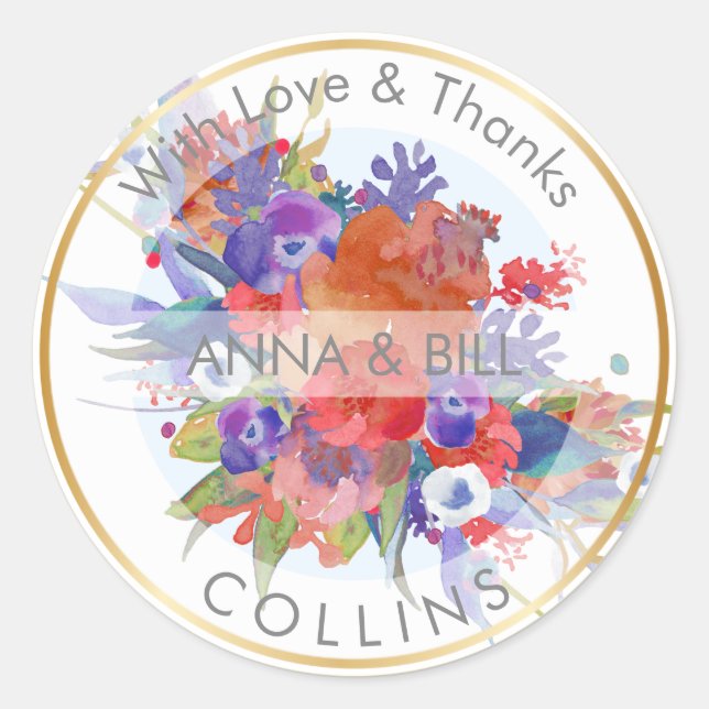 Adesivo Redondo PixDezines Floral Watercolor/DIY Obrigado (Frente)