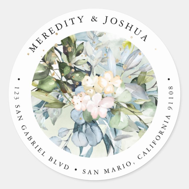 Adesivo Redondo PixDezines Greenery, Folhagem de Goma Azul Verde S (Frente)