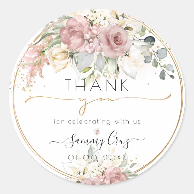 Adesivo Redondo PixDezines H2 Rosa Empoeirado Creme Rosas Obrigado (Frente)