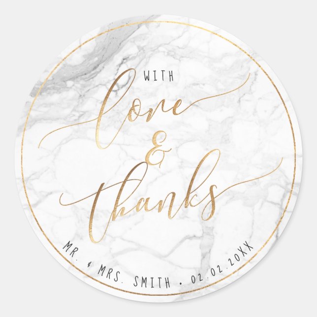 Adesivo Redondo PixDezines MARBLE+FAUX DOURADO, LOVE+OBRIGADOS (Frente)