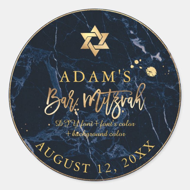 Adesivo Redondo PixDezines Marble Mitzvah Stickers/Azul Meia-Noite (Frente)