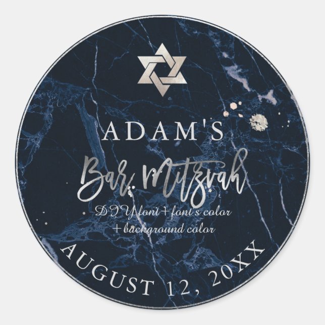 Adesivo Redondo PixDezines Marble Mitzvah Stickers/Azul Meia-Noite (Frente)