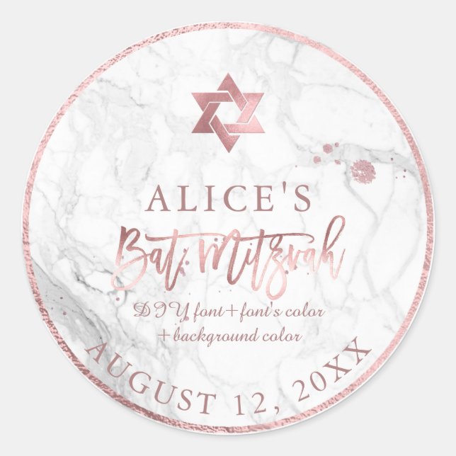 Adesivo Redondo PixDezines Marble Mitzvah Stickers/Rosa Dourado (Frente)