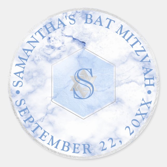Adesivo Redondo PixDezines Monograma Azul Honeycomb Mitzvah (Frente)
