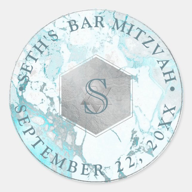 Adesivo Redondo PixDezines Monograma Blue Marble Honeycomb Mitzvah (Frente)