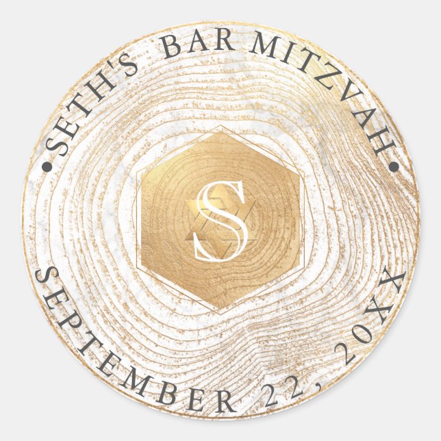 Adesivo Redondo PixDezines Monograma Faux Dourada Rings Mitzvah (Frente)