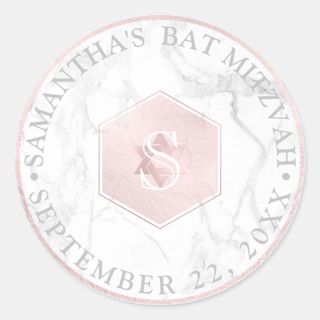 Adesivo Redondo PixDezines Monograma Rosa Bege favo de mel Mitzvah (Frente)