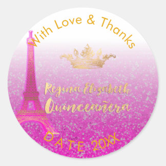 Adesivo Redondo PixDezines Neon Pink Eiffel/Sweet 15/DIY Obrigado