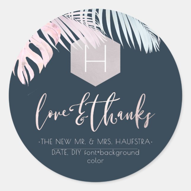 Adesivo Redondo PixDezines Palmas Monograma Blush Silver, Obrigado (Frente)