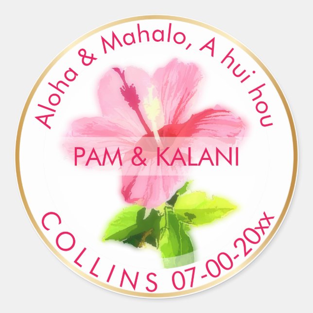 Adesivo Redondo PixDezines Pink Hibiscus/Aloha/Mahalo/Obrigado (Frente)
