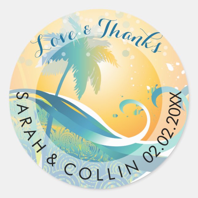 Adesivo Redondo PíxDezines pôr do sol/ondas retro/palmeiras (Frente)