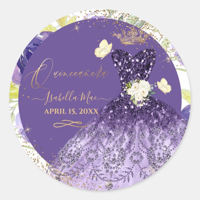 Adesivo Redondo PixDezines Quinceanera Violet Purple Glitter (Frente)