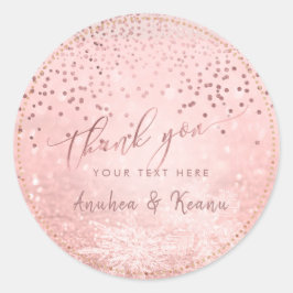 Adesivo Redondo PixDezines Rosa Dourado Snow Bokeh+Confetti Obriga