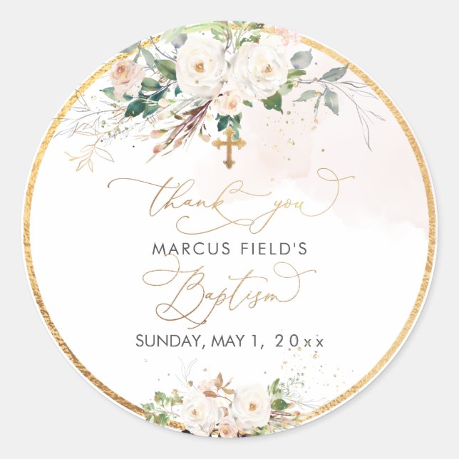 Adesivo Redondo PixDezines rosas cor-de-rosa aquarela Batismo (Frente)