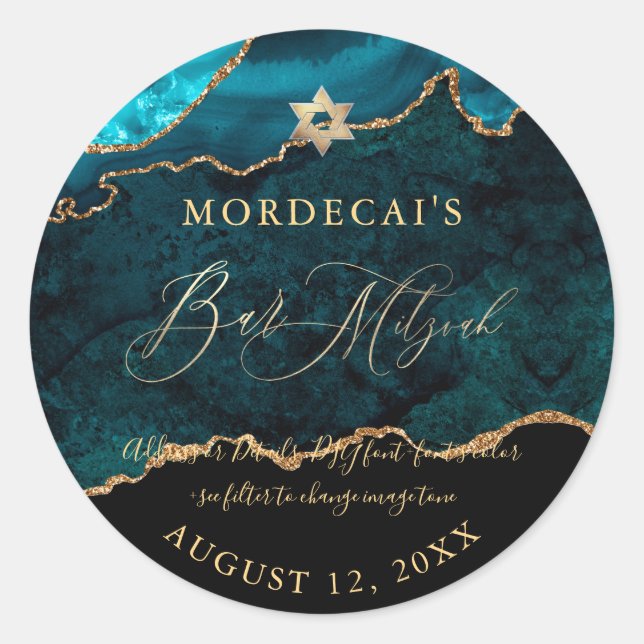 Adesivo Redondo PixDezines Watercolor Agate Bar Mitzvah (Frente)