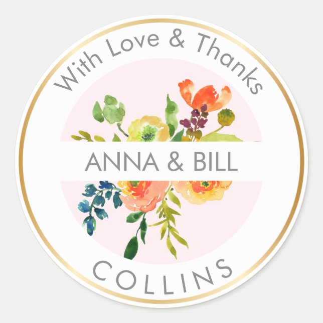 Adesivo Redondo PixDezines Watercolor Floral/Ranunculus/Obrigado (Frente)