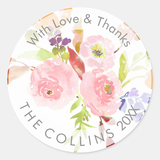 Adesivo Redondo PixDezines Watercolor Floral/Ranunculus/Obrigado (Frente)