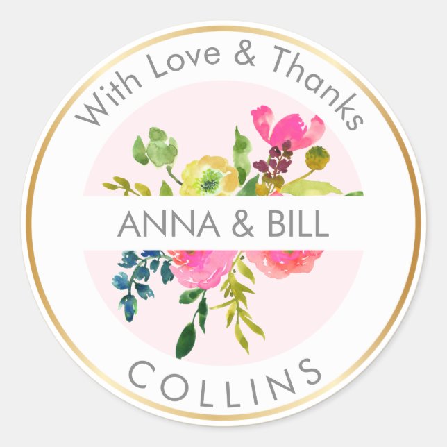 Adesivo Redondo PixDezines Watercolor Floral/Ranunculus/Obrigado (Frente)