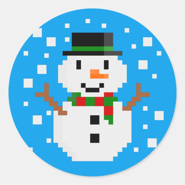 Adesivo Redondo Pixel Art BONECo de NEVE (Frente)