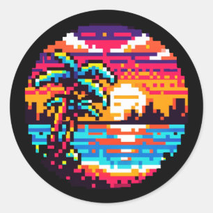 Adesivo Redondo Pixel Paradise: Retro Natureza Tropical Sunset De 