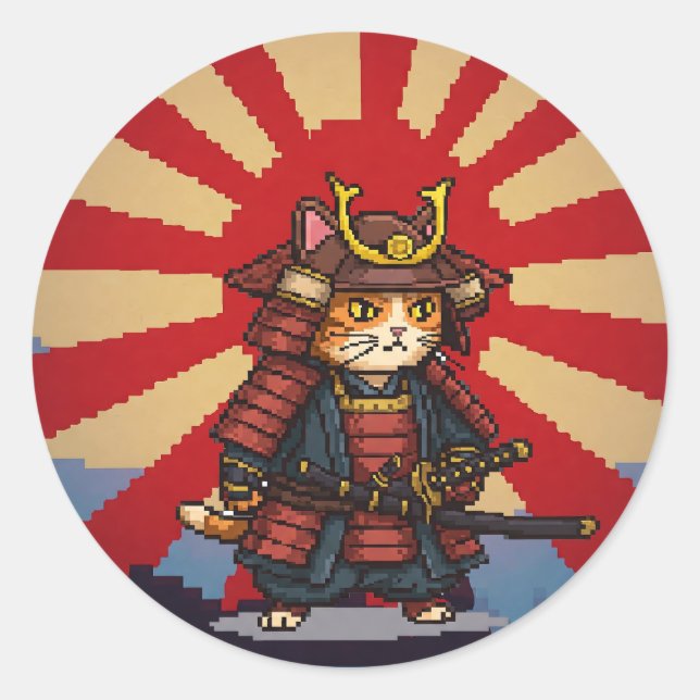 Adesivo Redondo Pixel Samurai Cat (Frente)