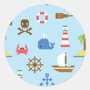 Adesivo Redondo Pixel Sea Art Pattern