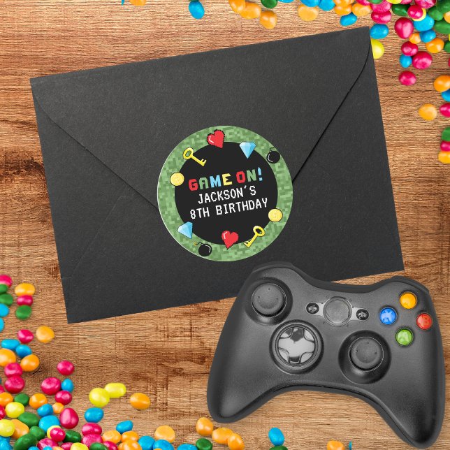 Adesivo Redondo Pixels Arcade Jogo Nível Superior Aniversário de c (Criador carregado)