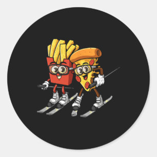 Adesivo Redondo Pizza Batata Frita Esqui Engraçado Esquiador Comid