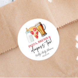 Adesivo Redondo Pizza, Cervejas e Fraldas Também! Chá de Bebê