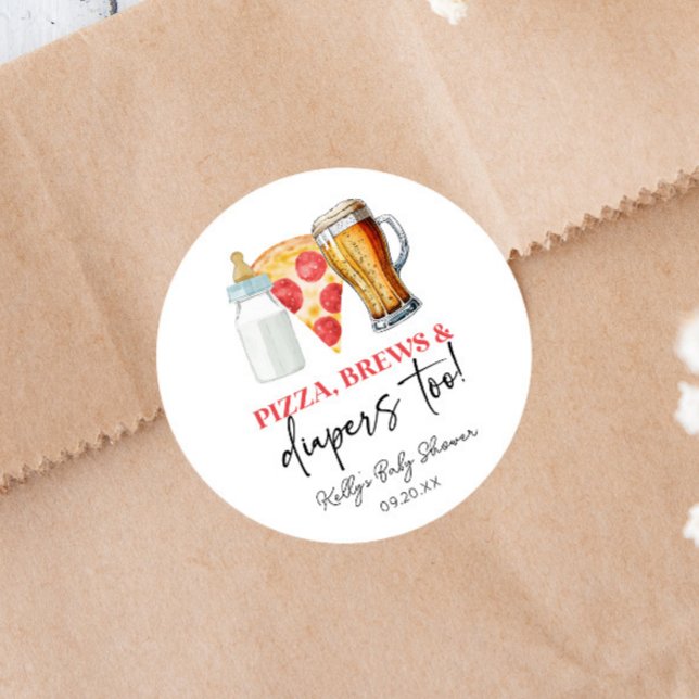 Adesivo Redondo Pizza, Cervejas e Fraldas Também! Chá de Bebê (Criador carregado)