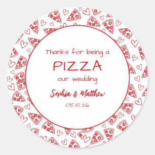 Adesivo Redondo Pizza De Casamento Após Festa Vermelha, Desenhada 